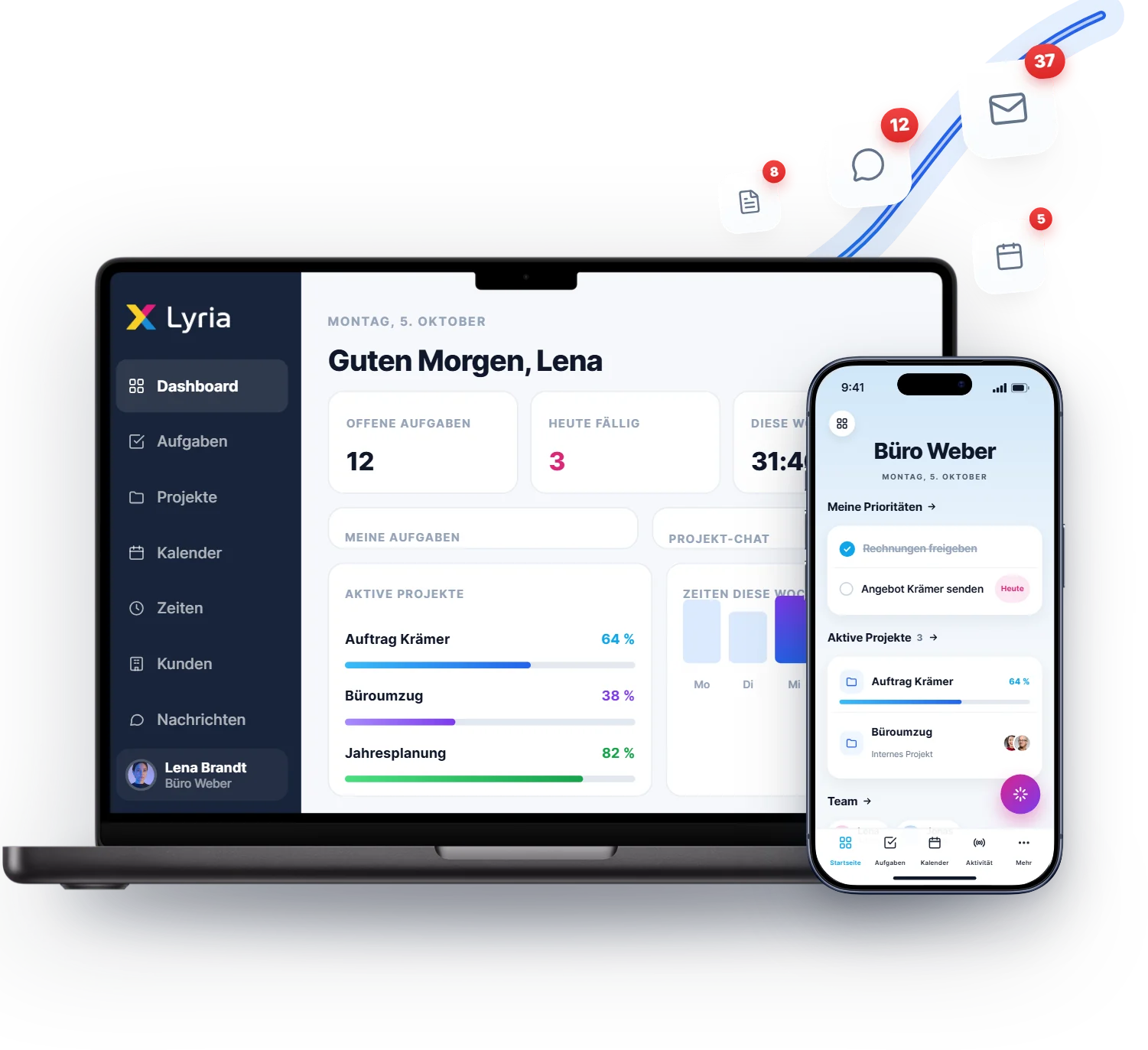 Lyria im Browser und als App: Dashboard mit offenen Aufgaben, aktiven Projekten und Zeiten der Woche