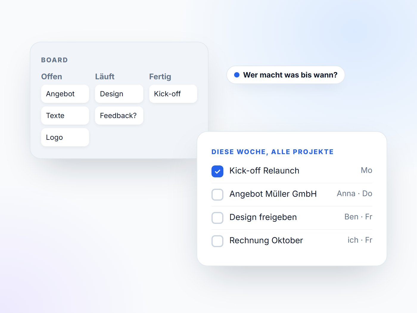 Kanban-Board mit Karten neben einer Aufgabenliste mit Zuständigkeit und Frist