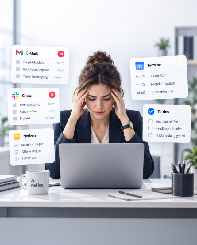 Überlasteter Büroalltag mit E-Mails, Chats, Terminen, Notizen und To-dos an zu vielen verschiedenen Orten